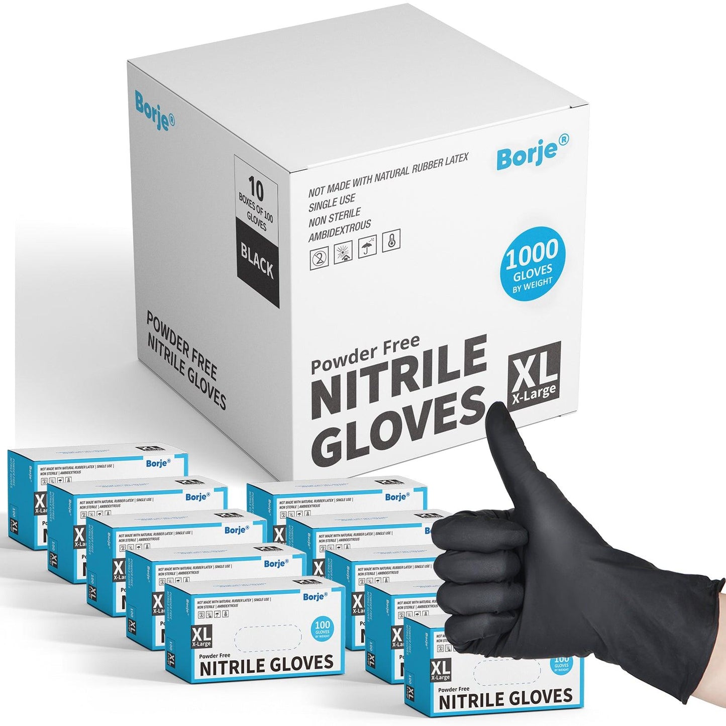 Borje® Nitrile Disposable Gloves, Black, 4 Mil, Latex & Powder-Free, Food Safe, Cleaning Disposable Glove (Case of 1000, 10 Boxes of 100) - Borje