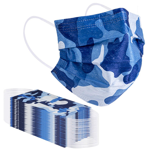 Disposable Face Masks, Blue Camo Print, 50 Pcs, Plastic Bagged - Borje