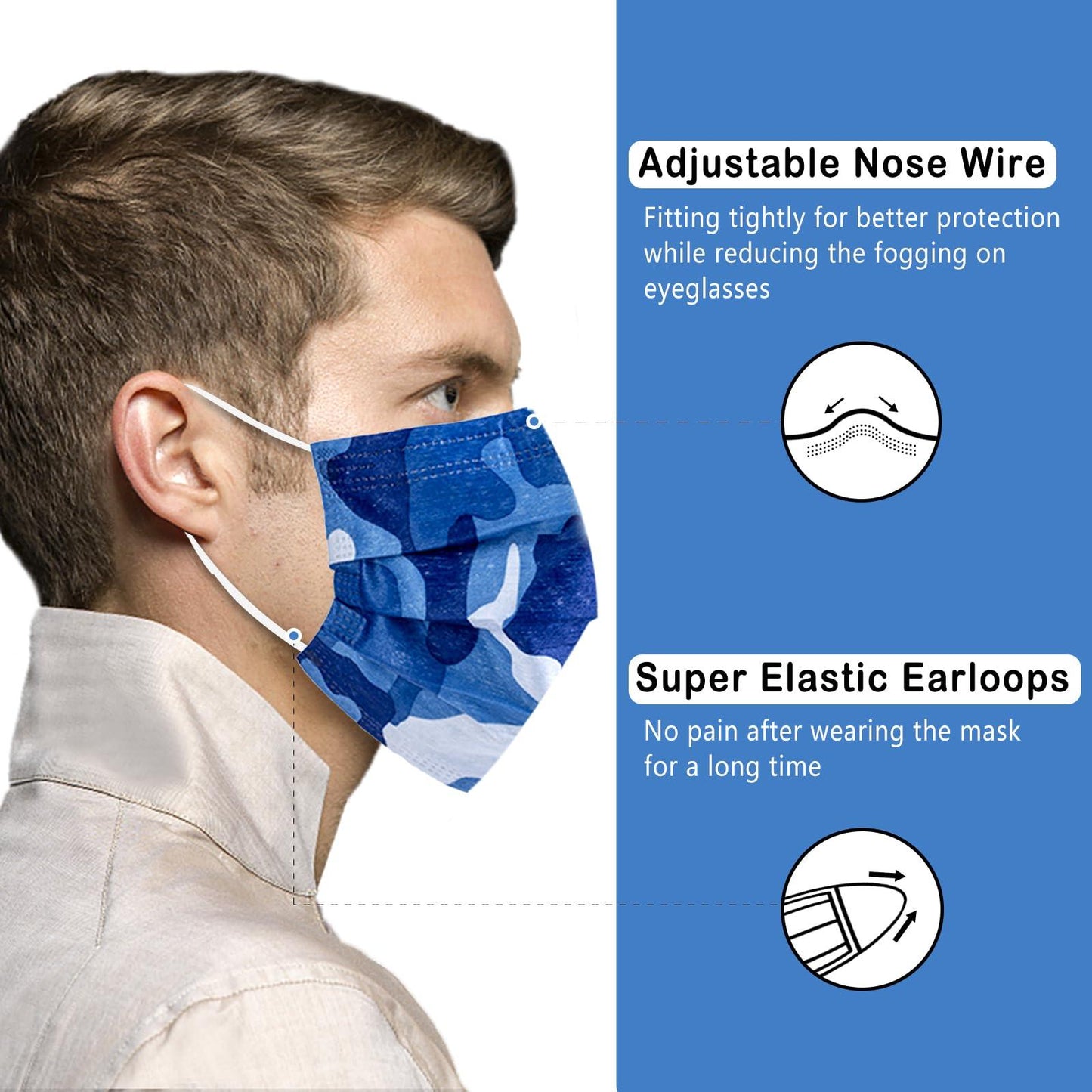 Disposable Face Masks, Blue Camo Print, 50 Pcs, Plastic Bagged - Borje