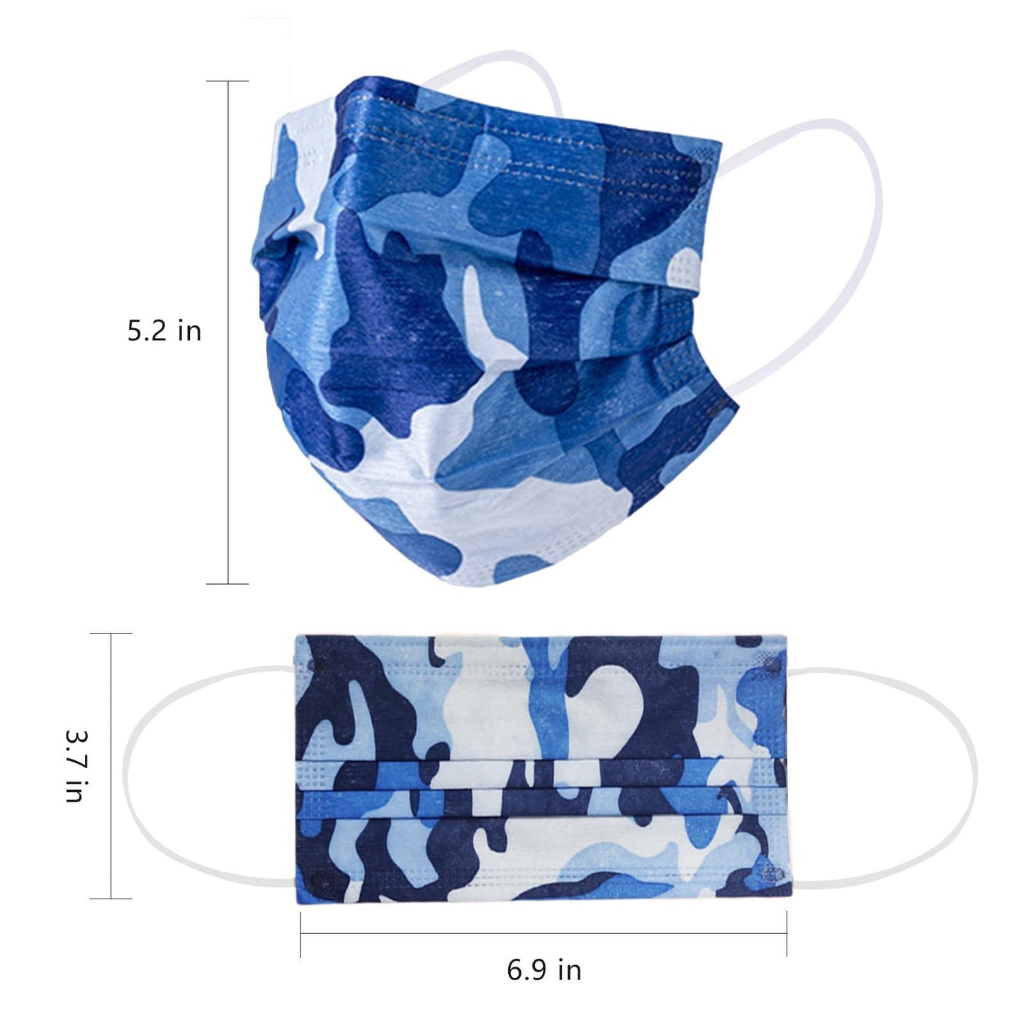 Disposable Face Masks, Blue Camo Print, 50 Pcs, Plastic Bagged - Borje