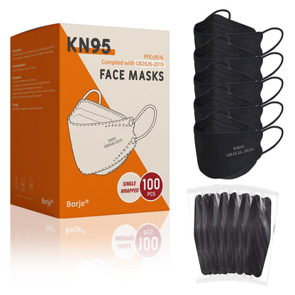 Borje® KN95 Face Masks, 100 Pcs Disposable Face Masks, Black Mask Against PM2.5 from Fire Smoke & Dust Filter Efficiency 95% - Borje