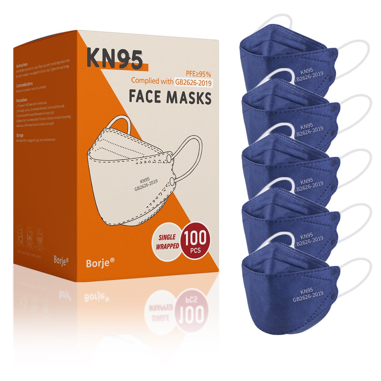 Borje® KN95 Face Masks, 100 Pcs Disposable Face Masks, Navy Blue Mask Against PM2.5 from Fire Smoke & Dust Filter Efficiency 95% - Borje