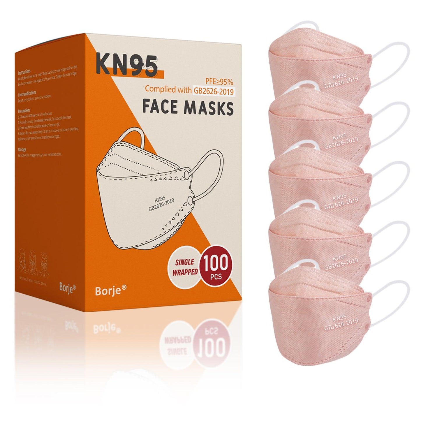 Borje® KN95 Face Masks, 100 Pcs Disposable Face Masks, Pink Mask Against PM2.5 from Fire Smoke & Dust Filter Efficiency 95% - Borje