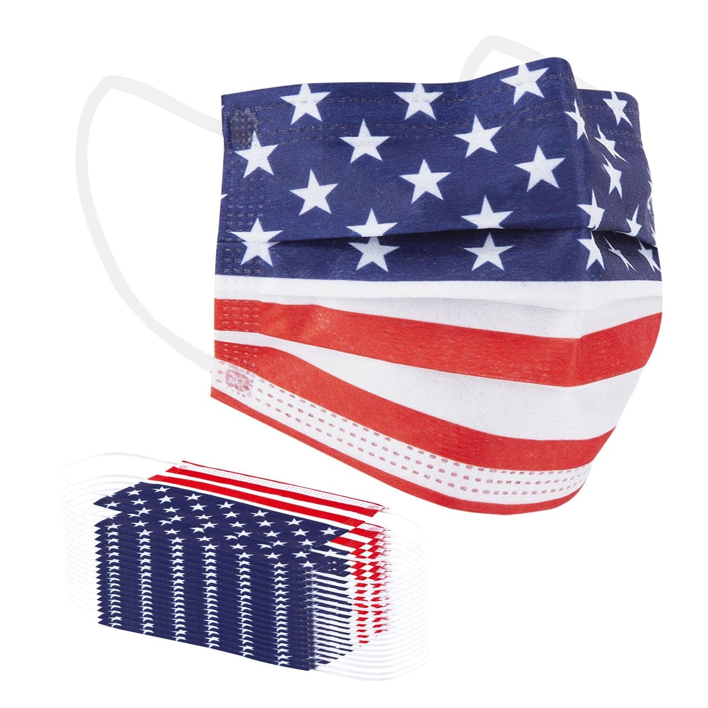 Disposable Face Masks, Amercian Flag Print, 50 Pcs, Plastic Bagged - Borje