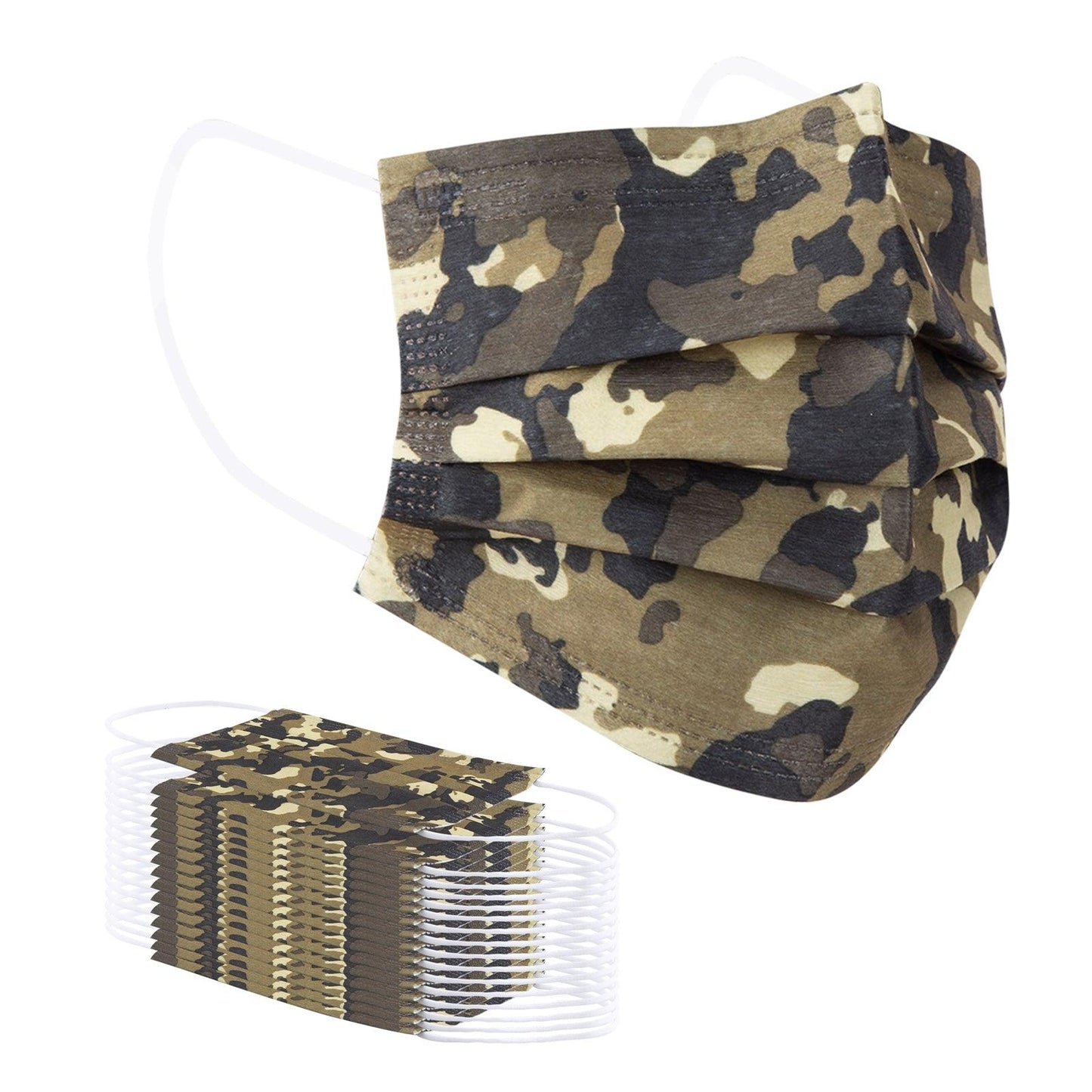 Disposable Face Masks, Green Camo Print, 50 Pcs, Plastic Bagged - Borje