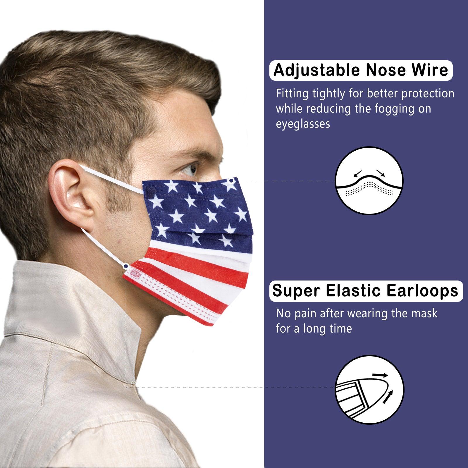 Disposable Face Masks, Amercian Flag Print, 50 Pcs, Plastic Bagged - Borje