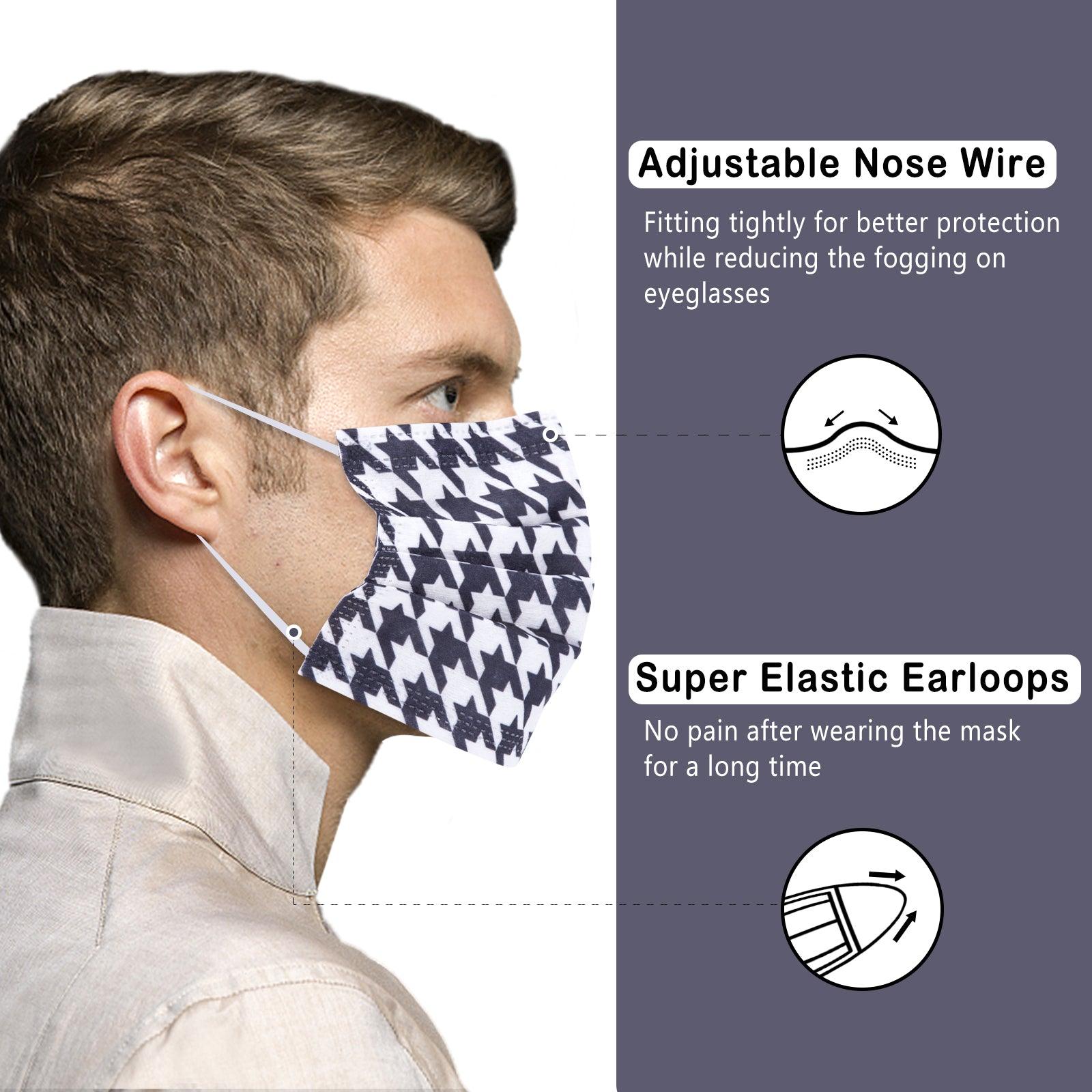 Disposable Face Masks, Houndstooth Print, 50 Pcs, Plastic Bagged - Borje